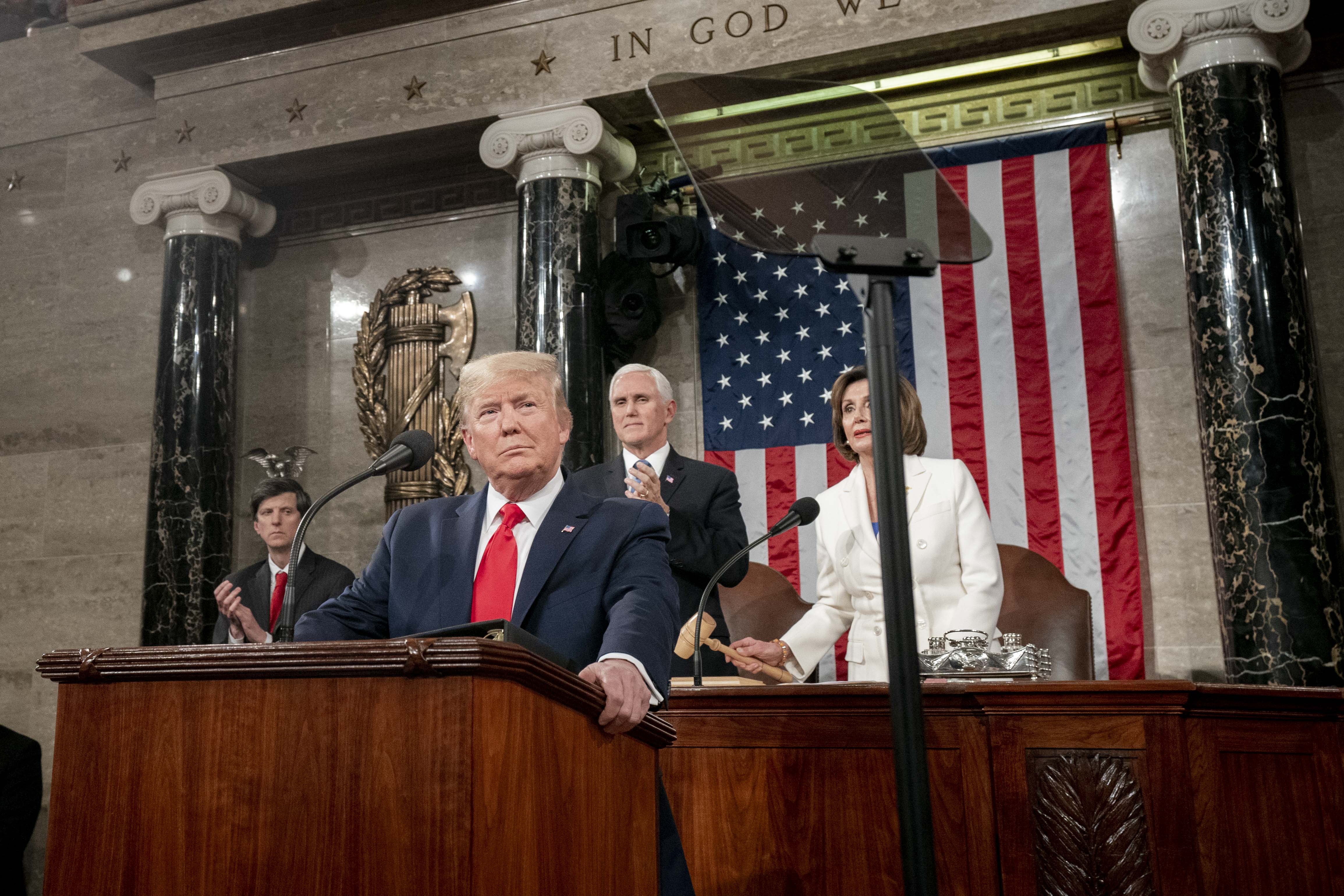 "President Donald Trump delivers the 2020 State of the Union address in the House chamber."