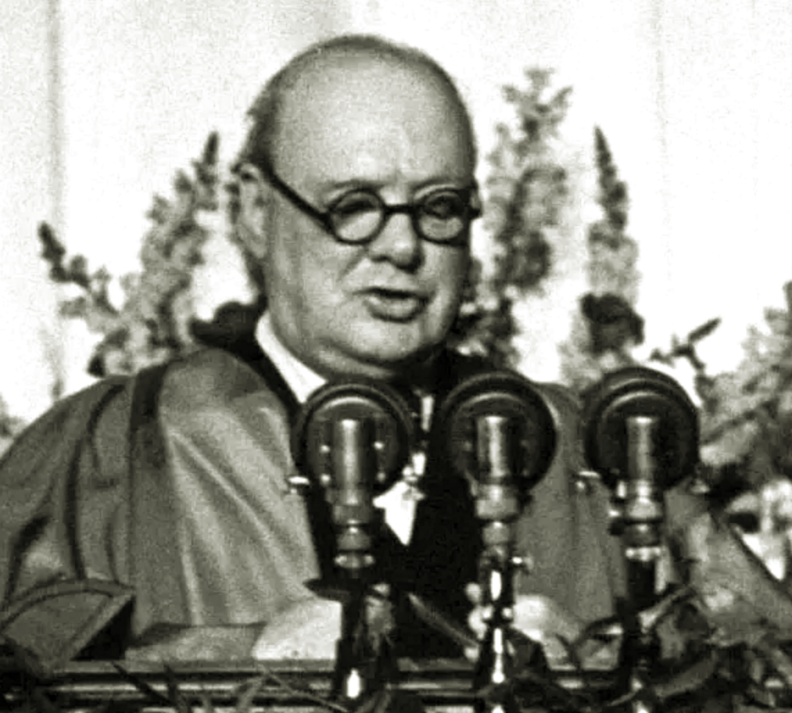 "Winston Churchill speaks at Westminster College in Fulton, Missouri, in March 1946."