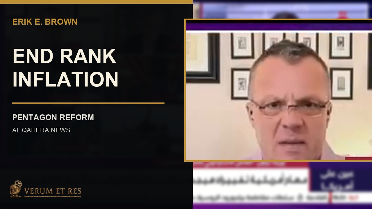 Erik E. Brown appearing on Al Qahera News during a discussion of Pentagon reform, senior-rank inflation, military readiness, and accountability.