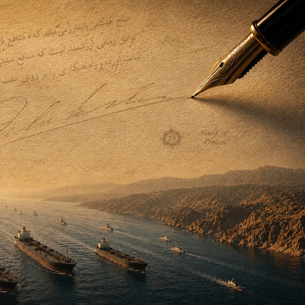 Fountain pen over a Persian-language document above the Gulf of Oman and maritime traffic.